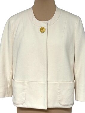 Ivory Collarless Jacket Cropped 3/4 Sleeve Textured Button Front Chanel-Style